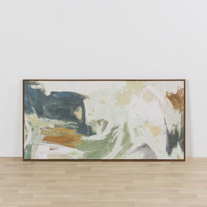 Abstract painting with earthy tones on a white wall