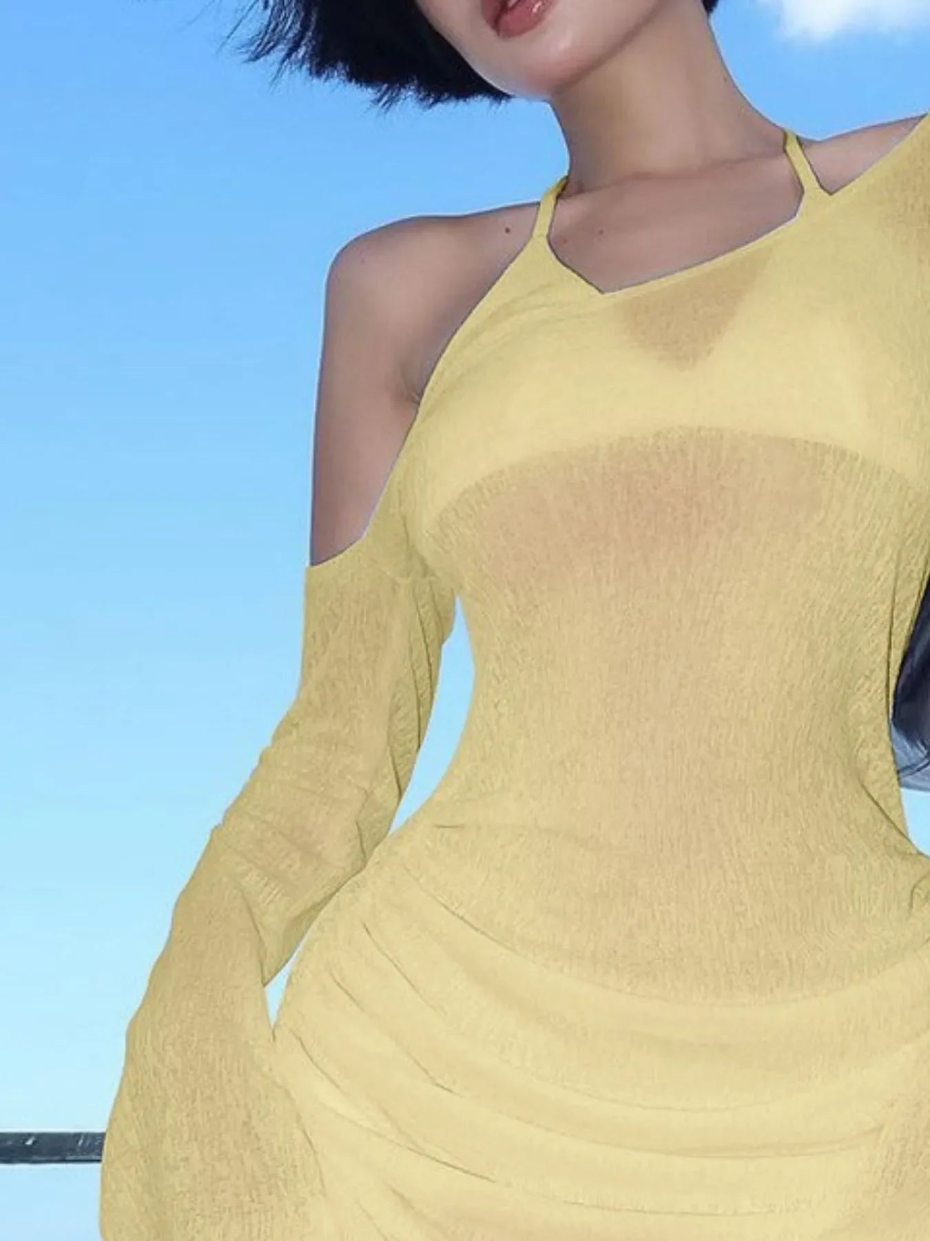 Hazel Blues® | One-Shoulder Bell Sleeve Ruched Mini Cover-Up Dress
