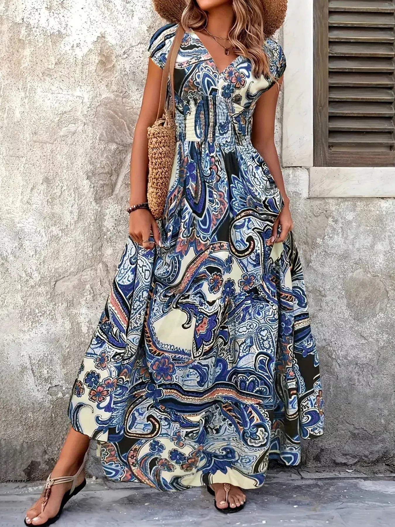 Hazel Blues® |  Printed V-Neck Cap Sleeve Maxi Dress