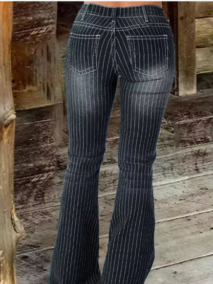 Hazel Blues® |  Striped Button Fly Flare Jeans