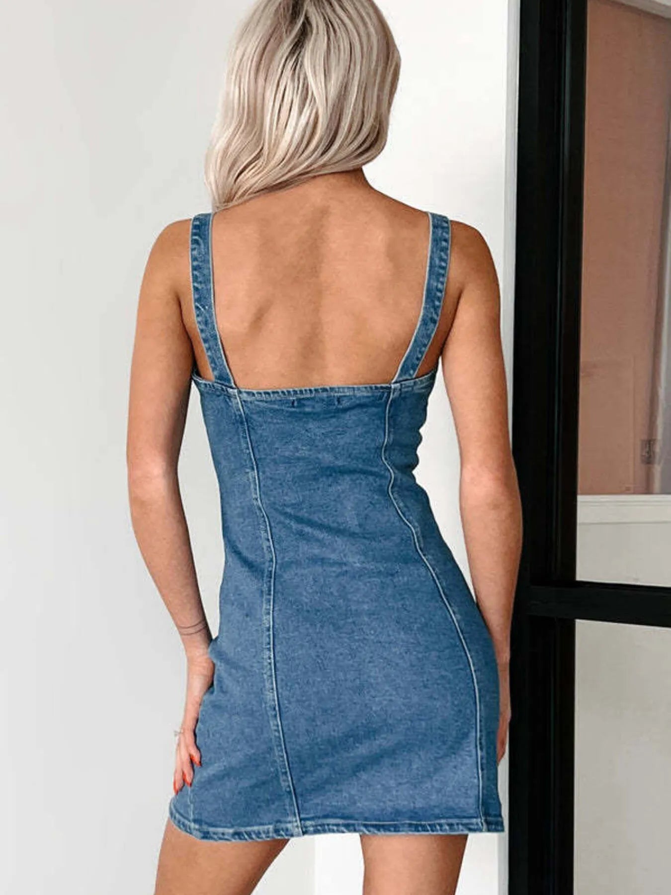 Hazel Blues® |  Button Front Sweetheart Neck Denim Mini Dress