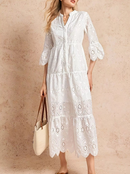 Hazel Blues® |  Eyelet Notched Tiered Midi Dress