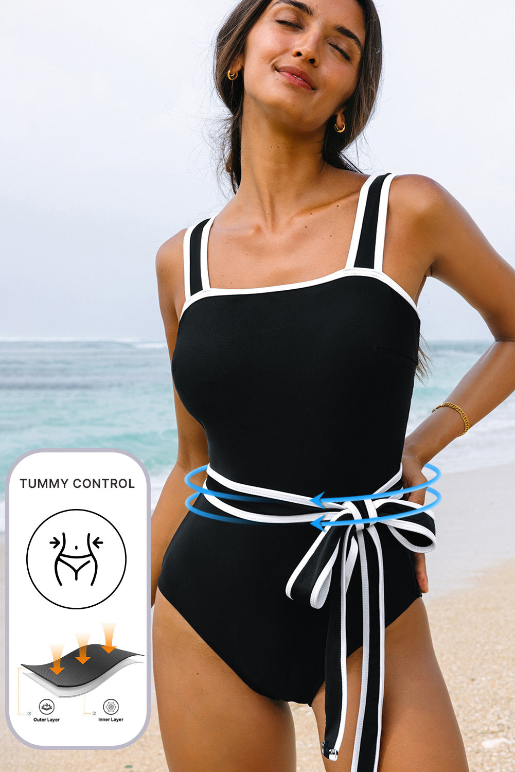 Hazel Blues® | Black Colorblock Edge Belted One Piece Swimsuit