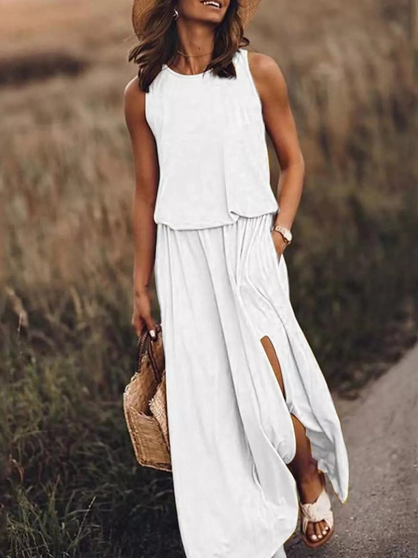 Hazel Blues® | Round Neck Sleeveless Slit Maxi Dress