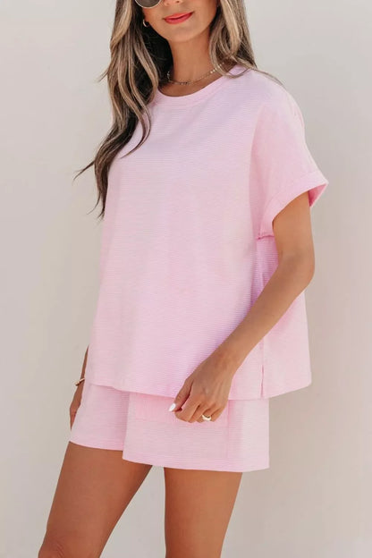 Hazel Blues® |  Stripe Matching Oversized Tee and Drawstring Shorts Set