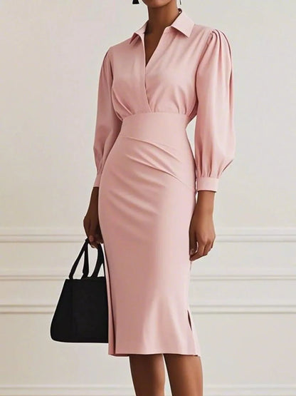 Hazel Blues® |  Ruched Midi Shirt Dress with Side Slit
