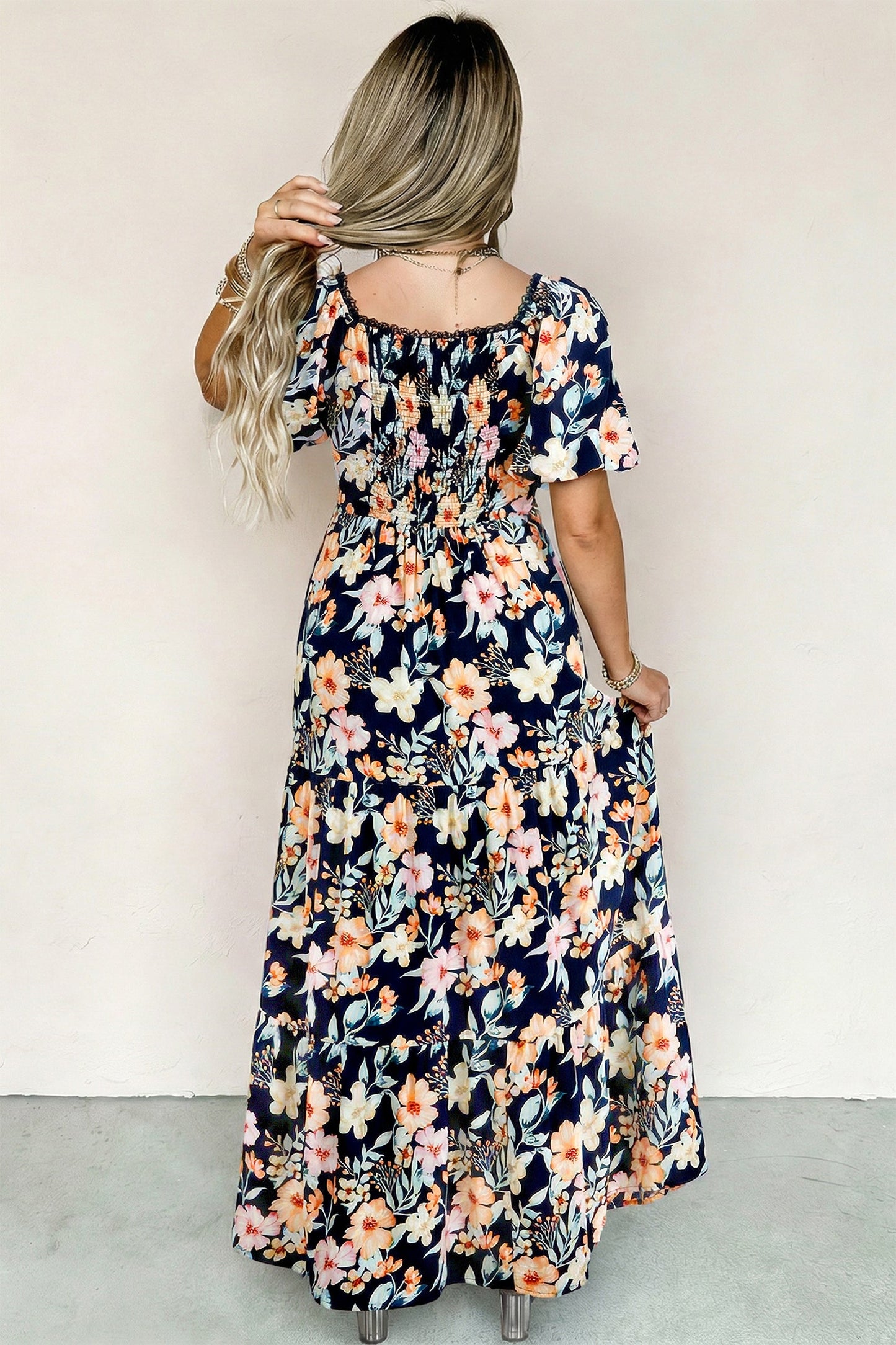 Hazel Blues® |  Blue Short Sleeve Smocked Detail High Waist Floral Maxi Dress