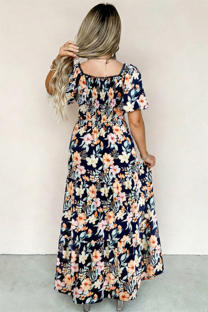 Hazel Blues® |  Blue Short Sleeve Smocked Detail High Waist Floral Maxi Dress