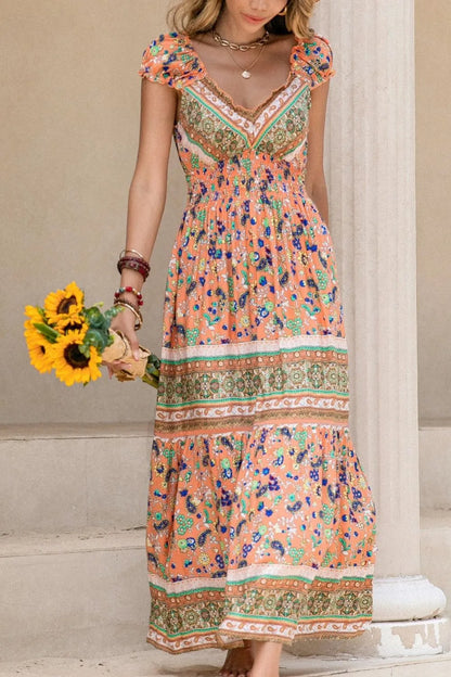 Hazel Blues® |  Smocked Printed V-Neck Cap Sleeve Dress