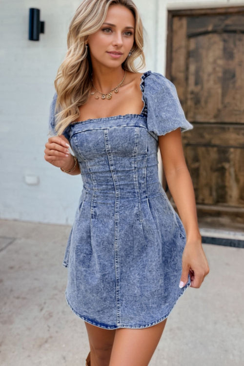 Hazel Blues® |  Tie Back Square Neck Puff Sleeve Denim Dress