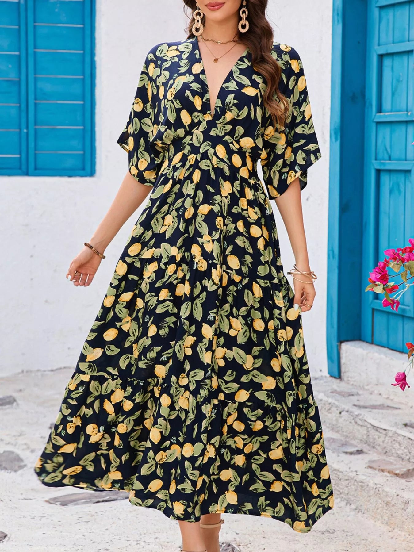 Hazel Blues® |  Printed V-Neck Ruffle Hem Flowy Midi Dress