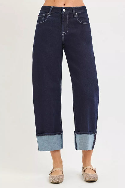 Hazel Blues® |  RISEN Slouchy Crop Barrel Cuffed Hem Jeans
