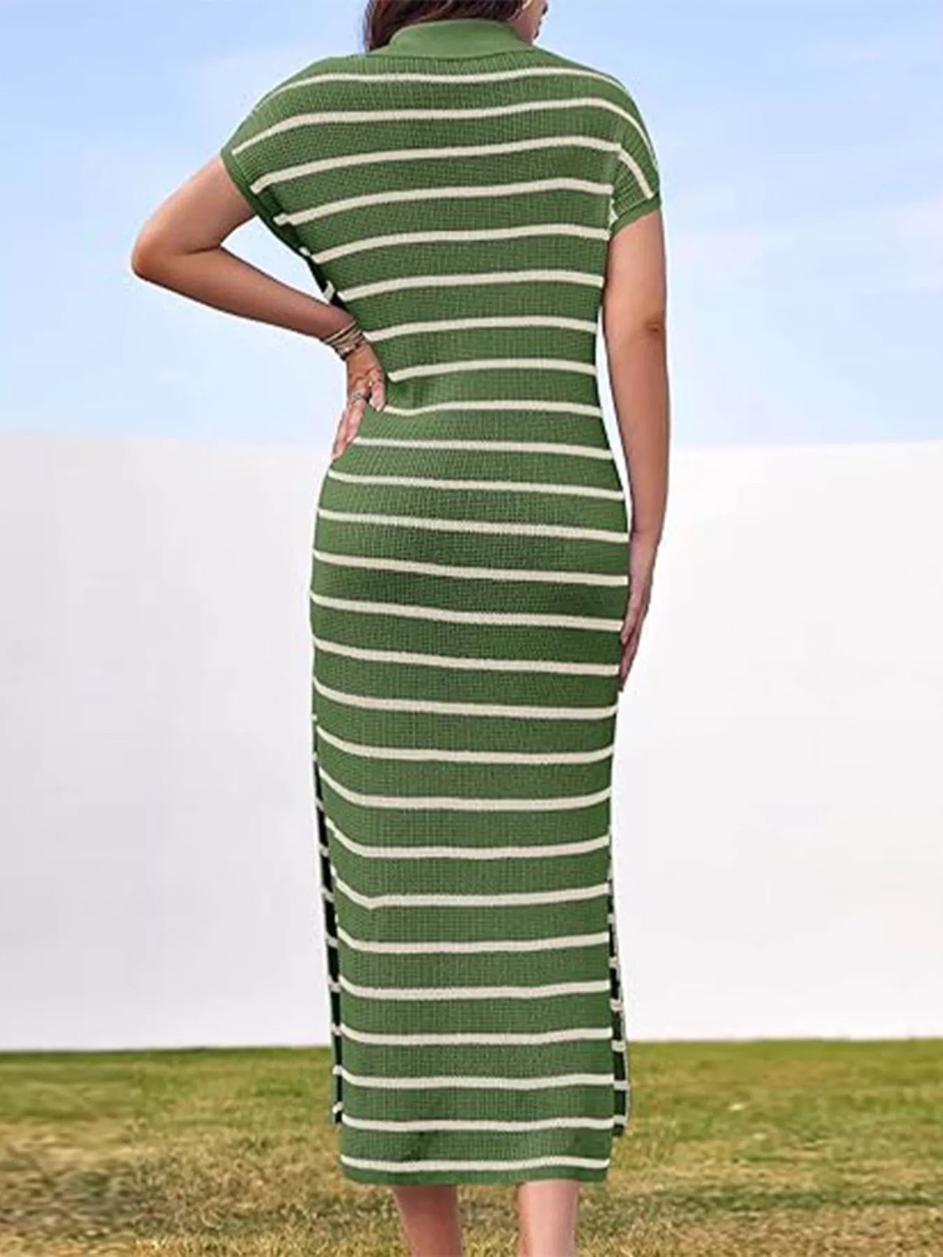 Hazel Blues® |  Striped Knit Slit Short Sleeve Midi Dress