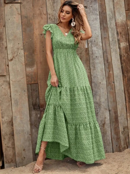 Hazel Blues® |  Printed V-Neck Ruffled Cap Sleeve Maxi Dress
