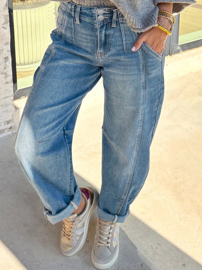 Hazel Blues® |  Washed Cuffed Barrel Jeans