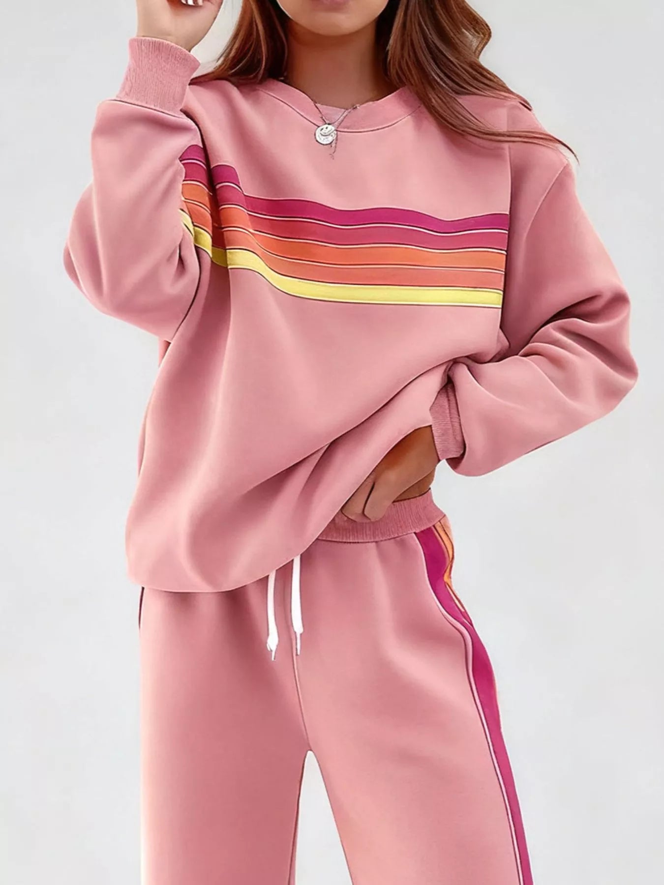 Hazel Blues® |  Striped Round Neck Sweatshirt and Pants Set