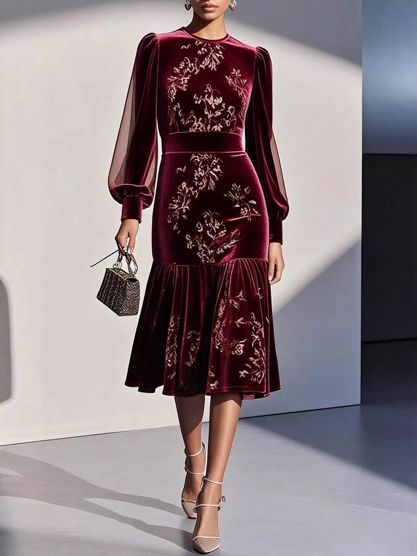 Hazel Blues® |  Velvet Floral Lantern Sleeve Midi Dress
