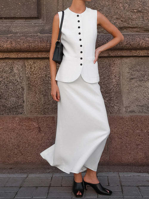 Hazel Blues® |  Button Up Vest and Maxi Skirt Set