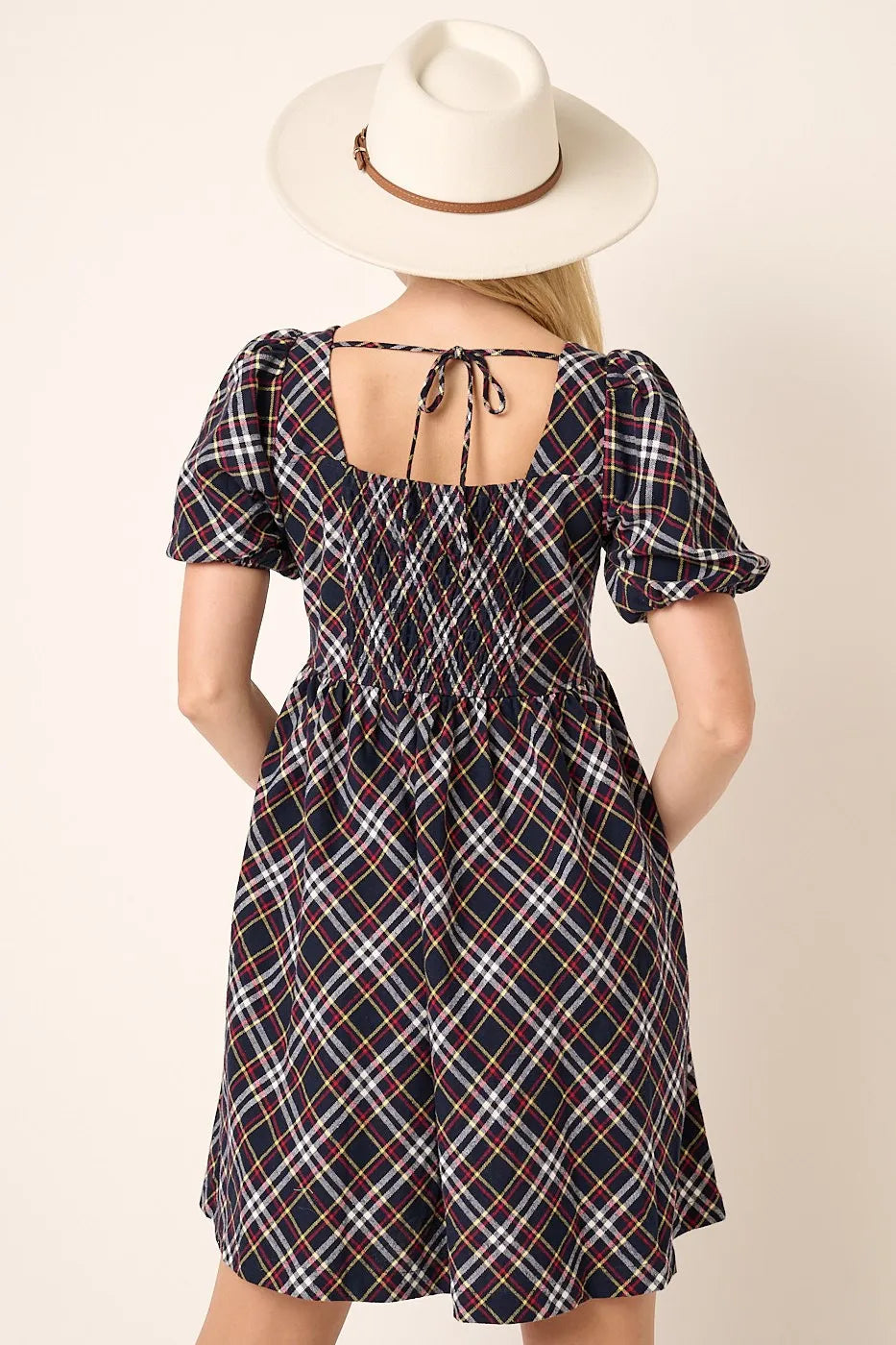 Hazel Blues® |  Mittoshop Checkered Print Puff Sleeve Babydoll Mini Dress