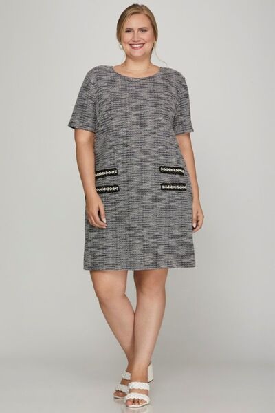 Hazel Blues® | She + Sky Short Sleeve Pearl Studded Trim Knit Tweed Dress