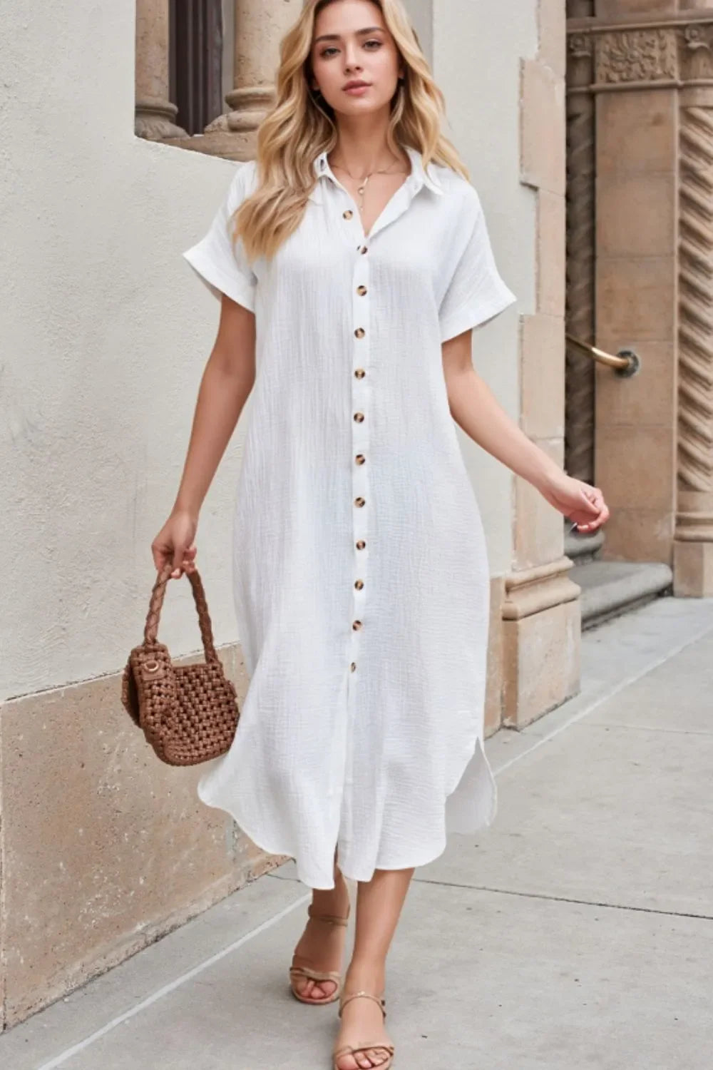 Hazel Blues® |  Button Down Short Sleeve Midi Shirt Dress