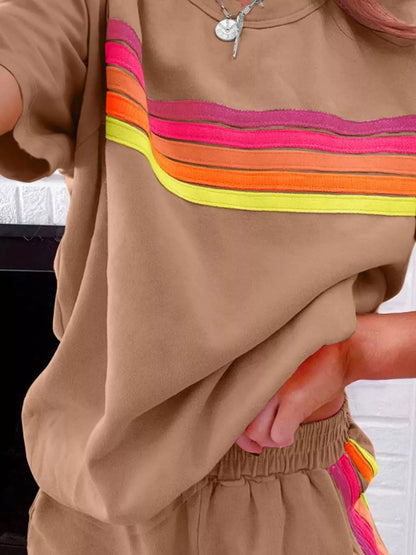 Hazel Blues® |  Rainbow Striped Round Neck Top and Shorts Set
