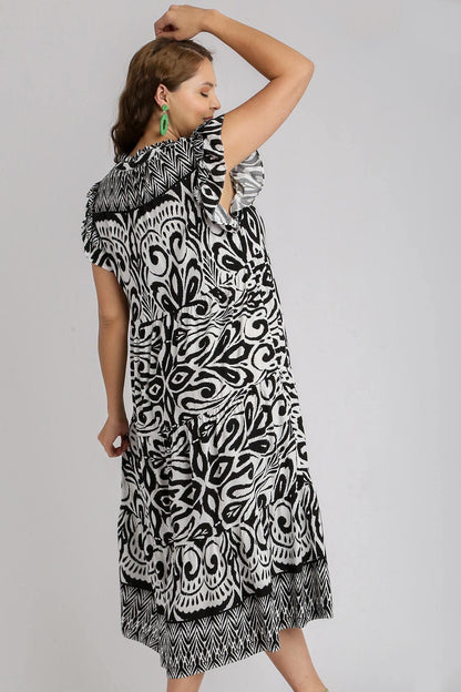 Hazel Blues® | Umgee Two Tone Border Print Ruffle Cap Sleeve Midi Dress