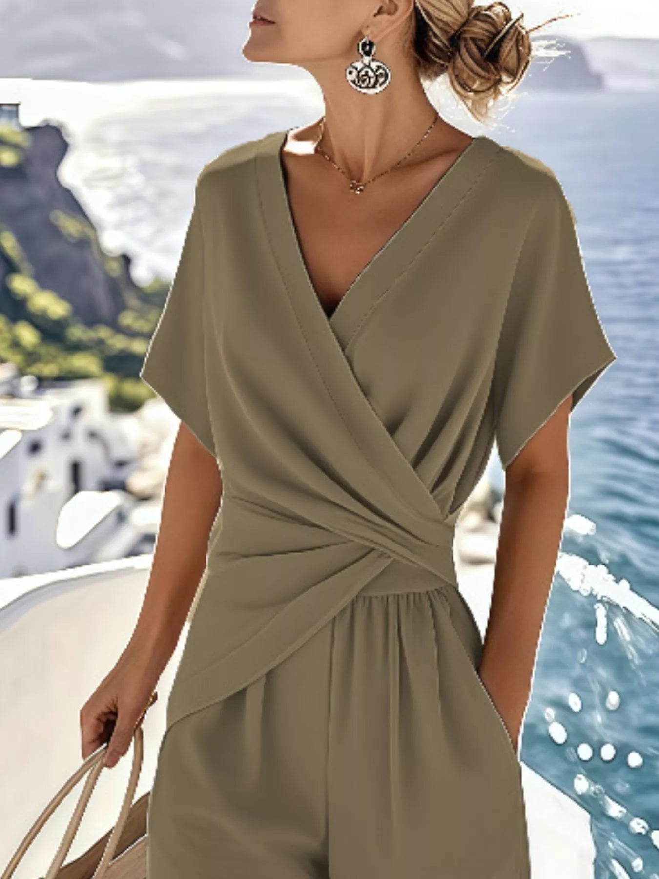 Hazel Blues® | Twist-Front V-Neck Top and Pants Set