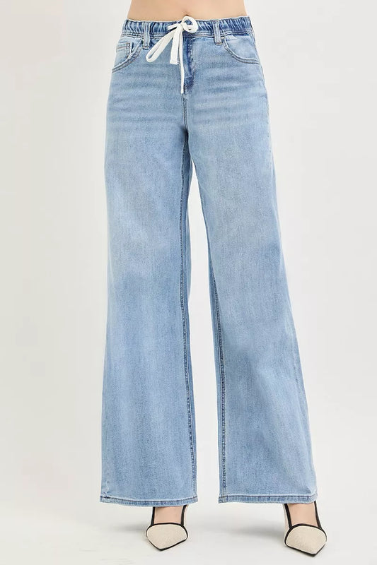 Hazel Blues® |  RISEN Elastic Band Slouchy Wide Jeans with Drawstring