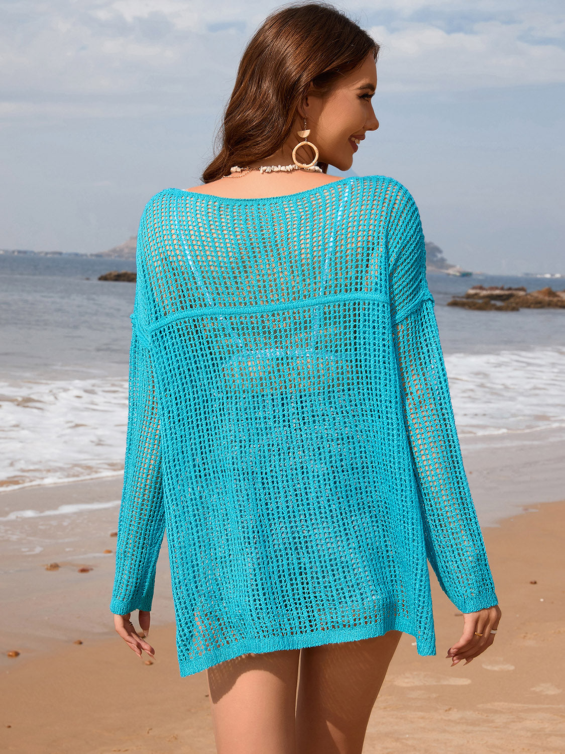 Hazel Blues® | Openwork Slit Boat Neck Long Sleeve Cover-Up