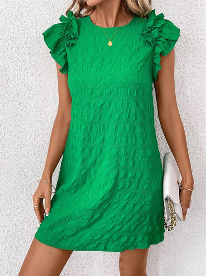Hazel Blues® |  Round Neck Ruffled Cap Sleeve Mini Dress