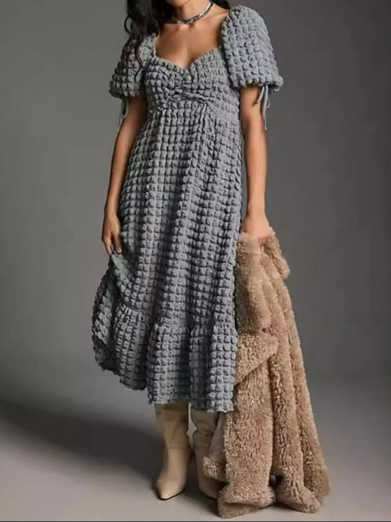 Hazel Blues® |  Textured Sweetheart Neck Short Sleeve Dress