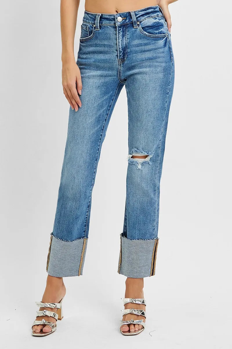Hazel Blues® | RISEN High Rise Ankle Straight Wide Cuffed Jeans