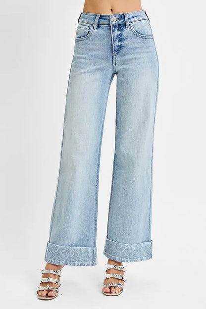 Hazel Blues® | RISEN Tummy Control High Rise Ankle Wide Cuffed Jeans
