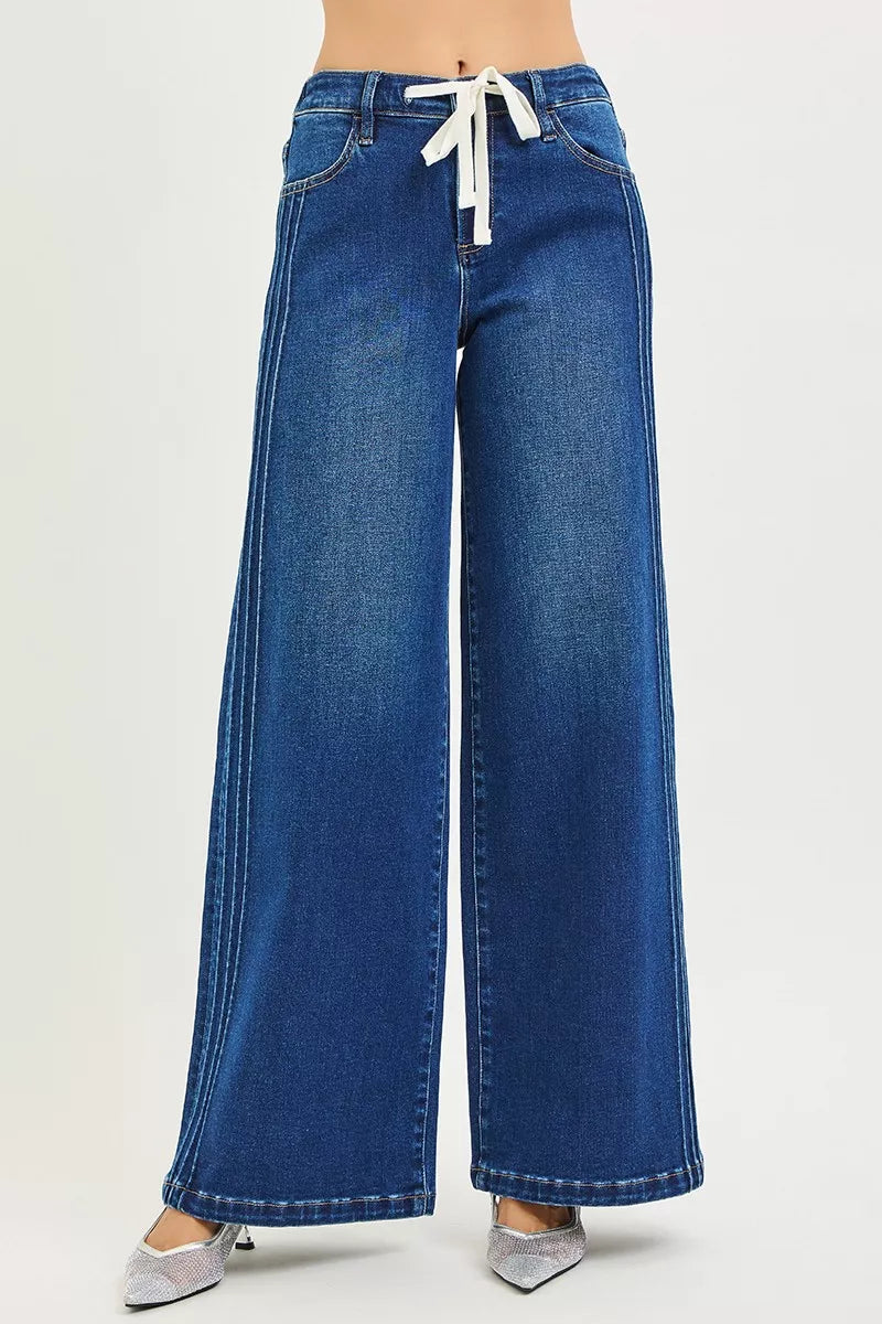 Hazel Blues® | RISEN Mid Rise Wide Side Pintuck Jeans with Front Drawstring