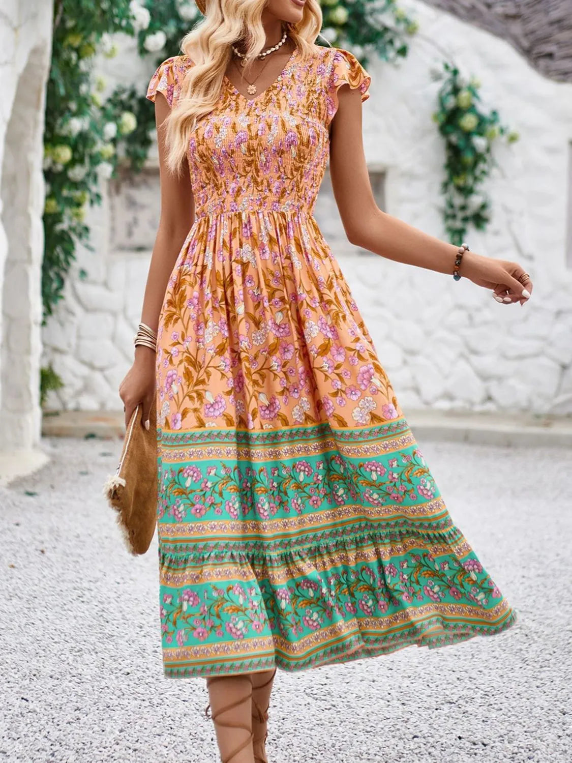 Hazel Blues® |  Printed Round Neck Cap Sleeve Dress