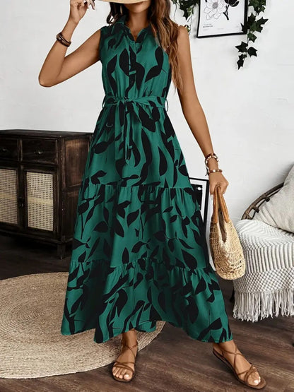 Hazel Blues® |  Printed Tie Waist Sleeveless Maxi Dress