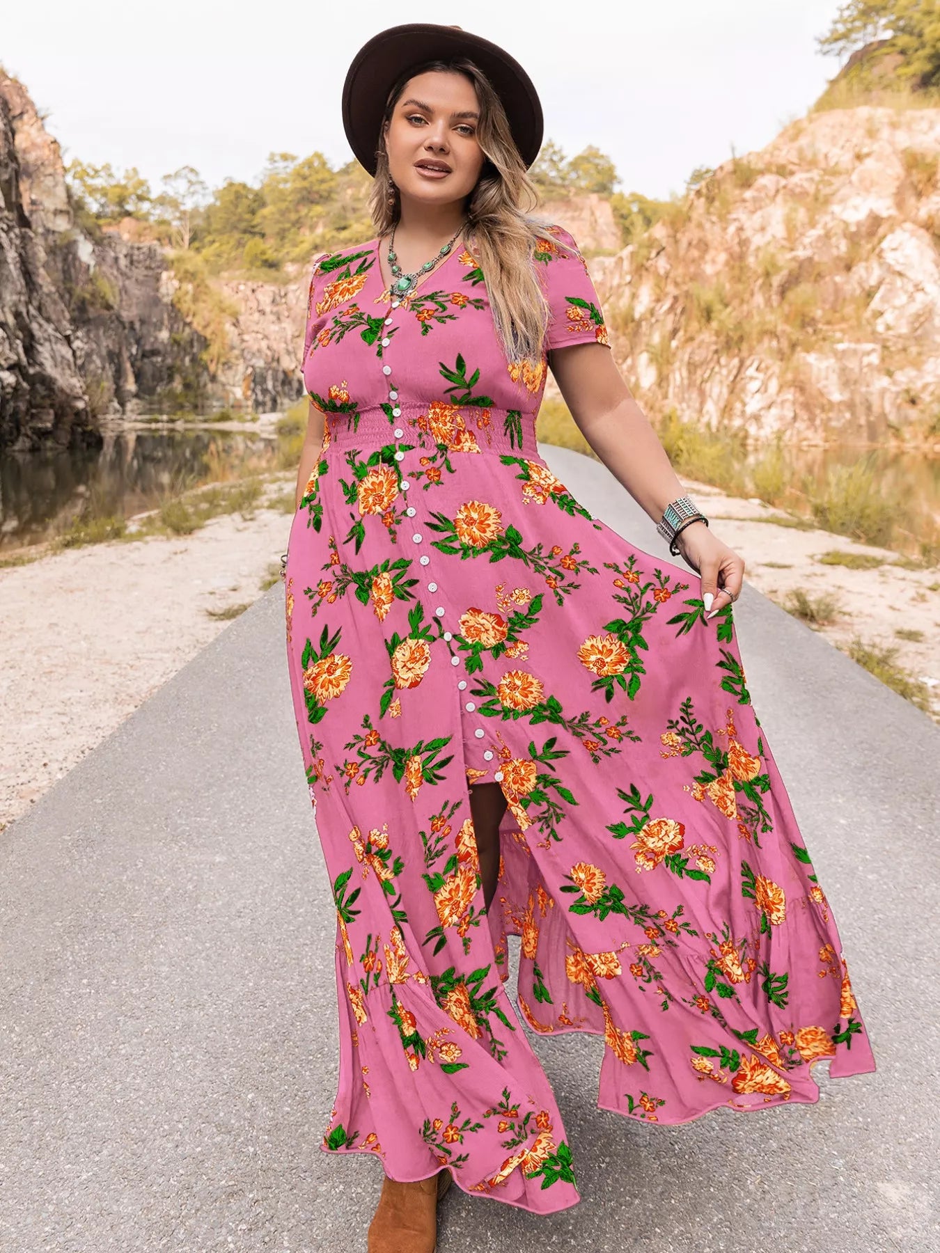 Hazel Blues® | Floral V-Neck Short Sleeve Maxi Dress