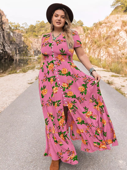 Hazel Blues® | Floral V-Neck Short Sleeve Maxi Dress