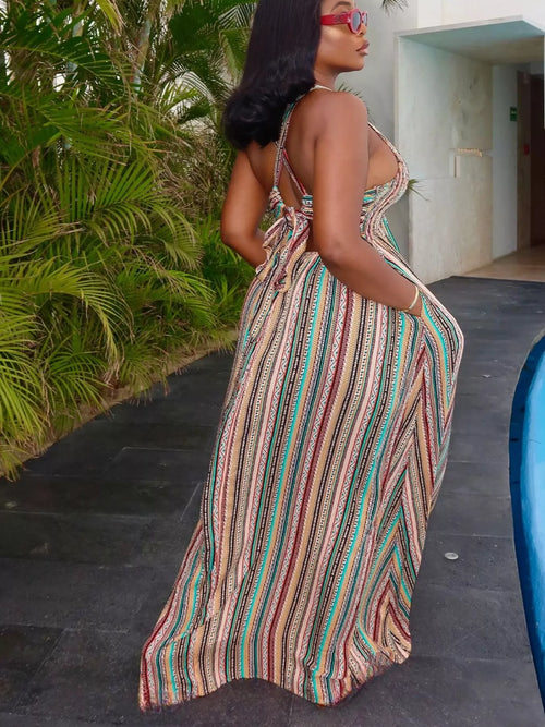 Hazel Blues® |  Striped Deep V-Neck Maxi Dress