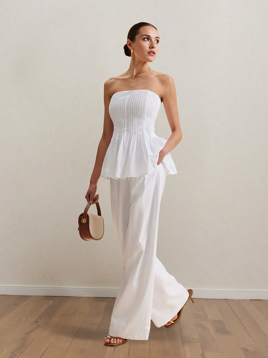 Hazel Blues® |  Strapless Peplum Top and Wide Leg Pants Set