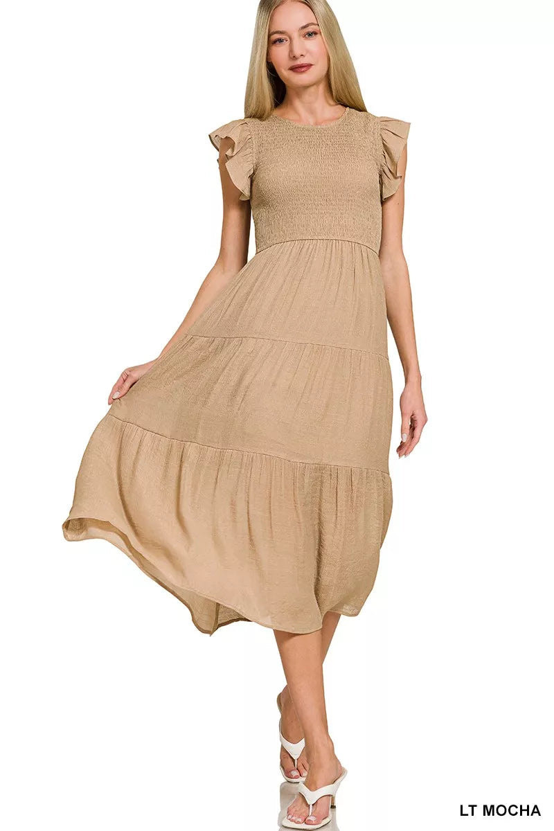Hazel Blues® |  Zenana Woven Smocked Ruffle Sleeve Midi Dress