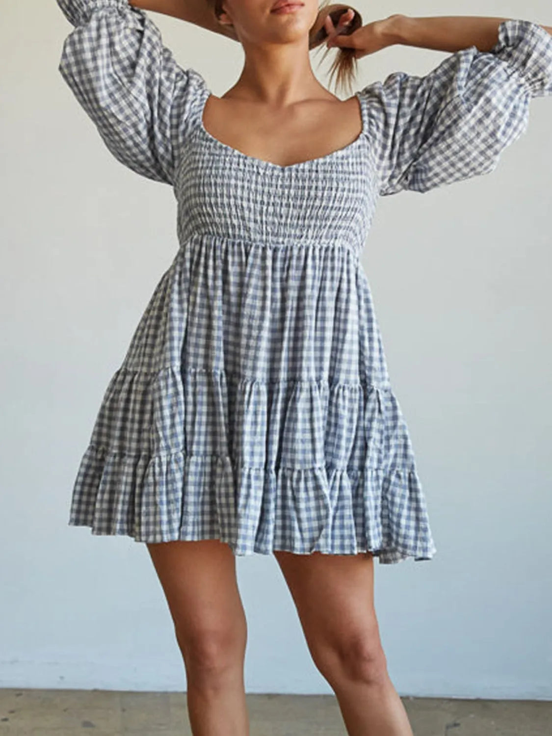 Hazel Blues® |  Ruffled Hem Plaid Half Sleeve Mini Dress