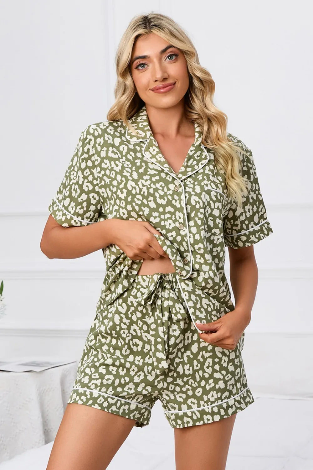 Hazel Blues® | Leopard Short Sleeve Top and Shorts Lounge Set