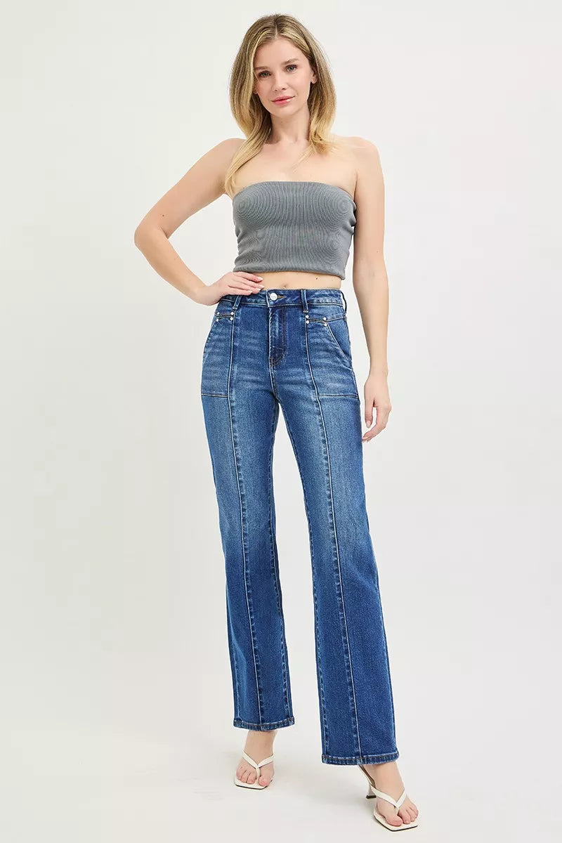 Hazel Blues® |  RISEN High Rise Straight Patch Pocket Seamed Jeans