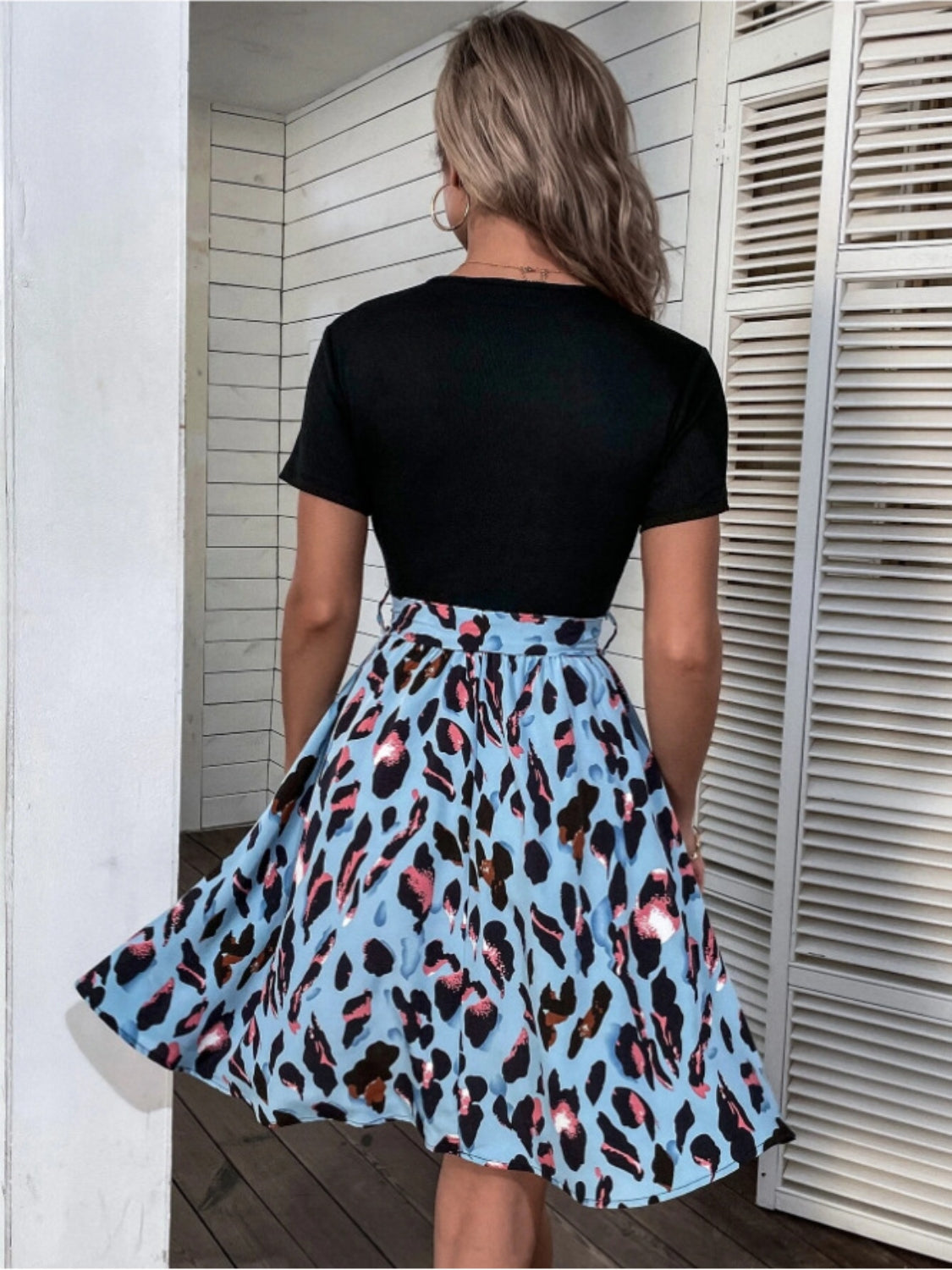 Hazel Blues® |  Tied Front Contrast Leopard Short Sleeve Mini Dress
