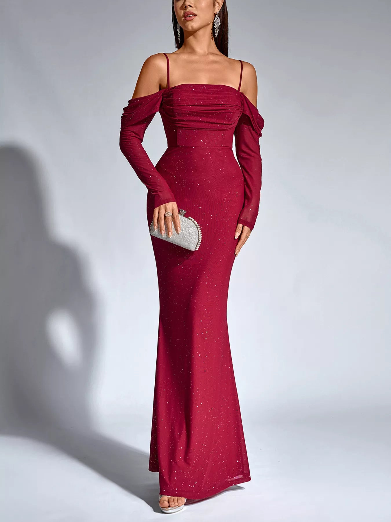 Hazel Blues® |  Glitter Ruched Long Sleeve Mermaid Maxi Dress