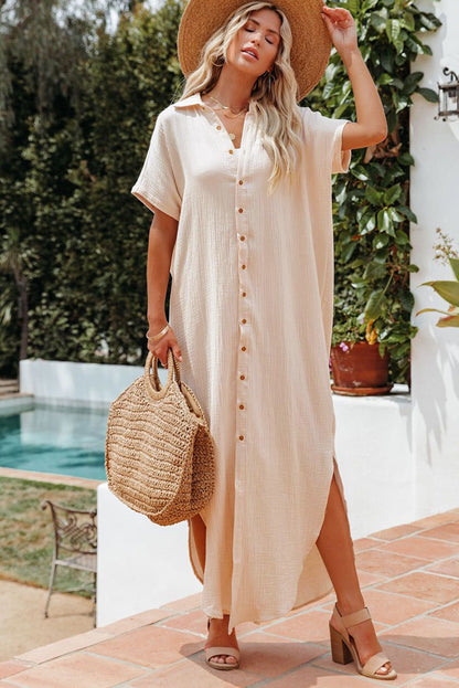Hazel Blues® |  Apricot Crinkled Buttons Maxi Beach Dress with Slits