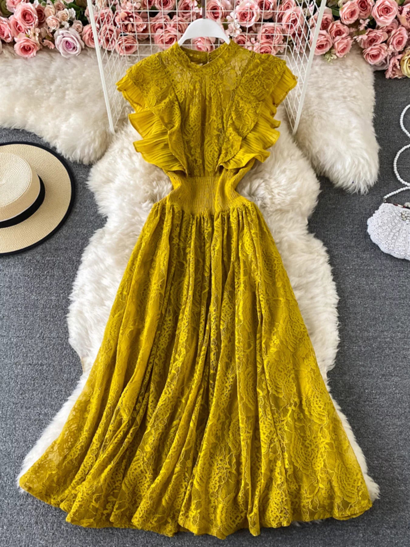Hazel Blues® |  Ruffled Mock Neck Lace Maxi Dress