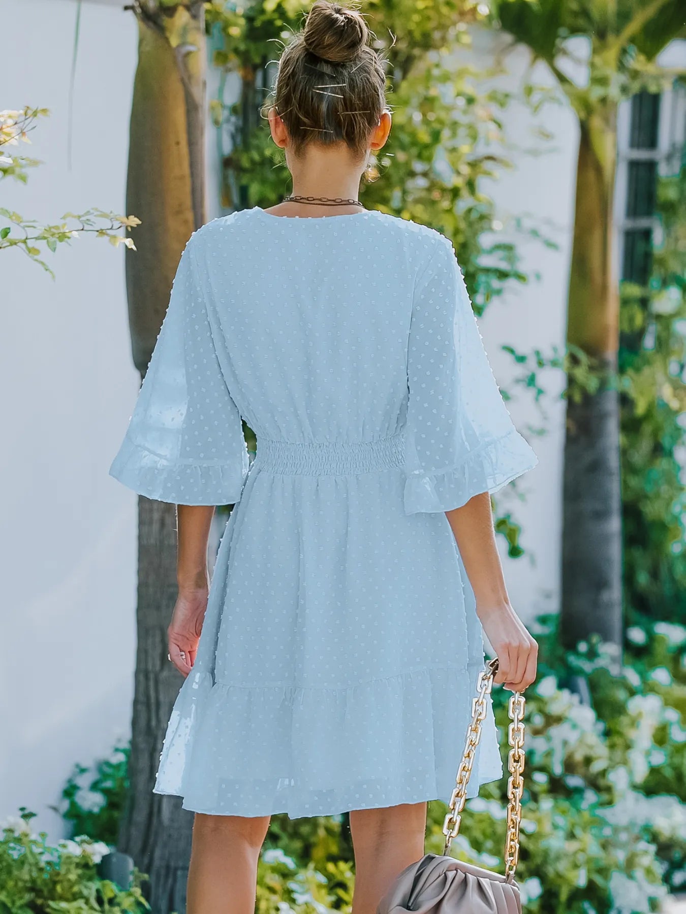 Hazel Blues® |  Swiss Dot Flare Sleeve Wrap Mini Dress
